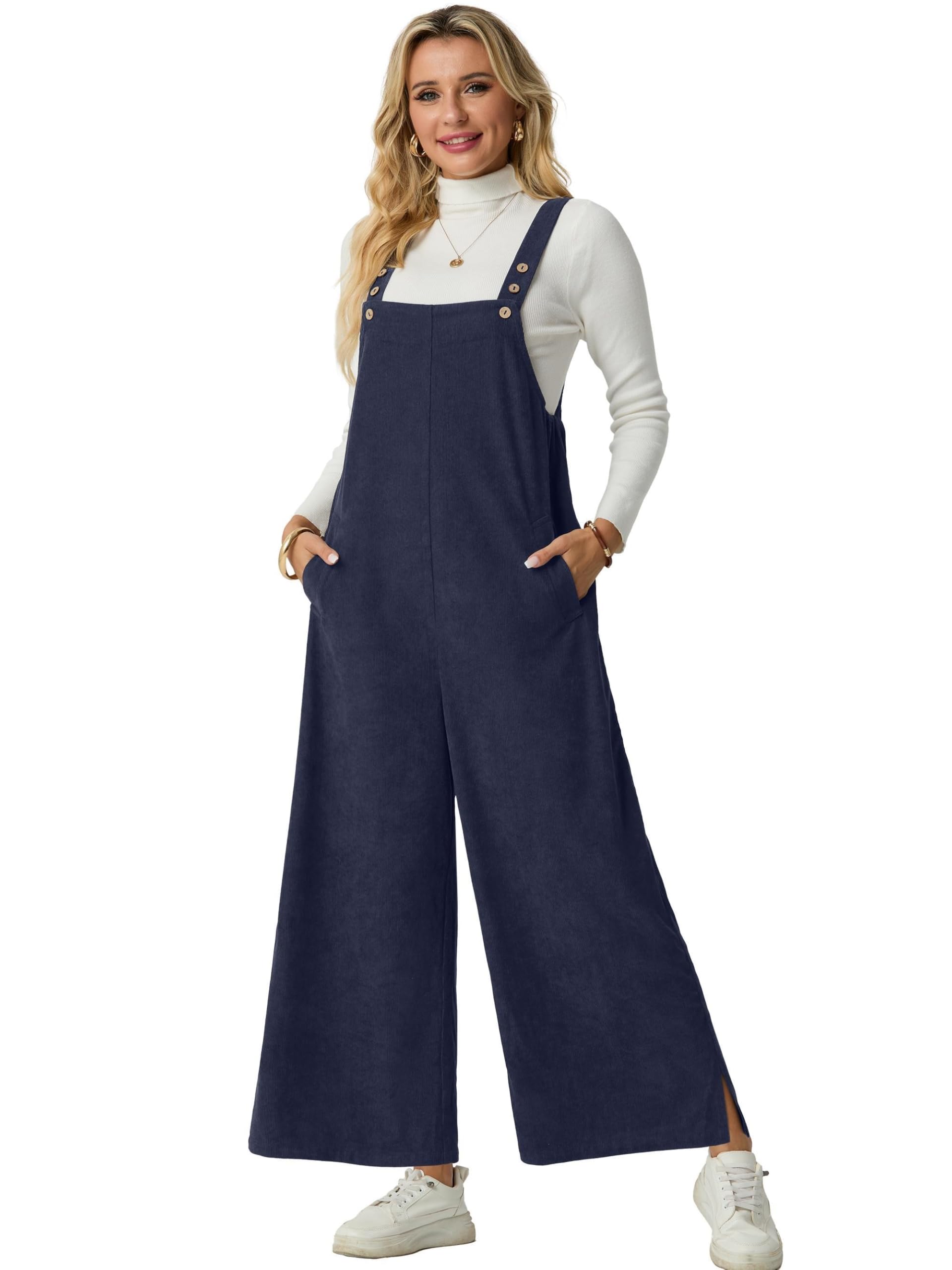 QIXING Salopette da donna in velluto a coste a gamba larga tuta casual con tasche UK