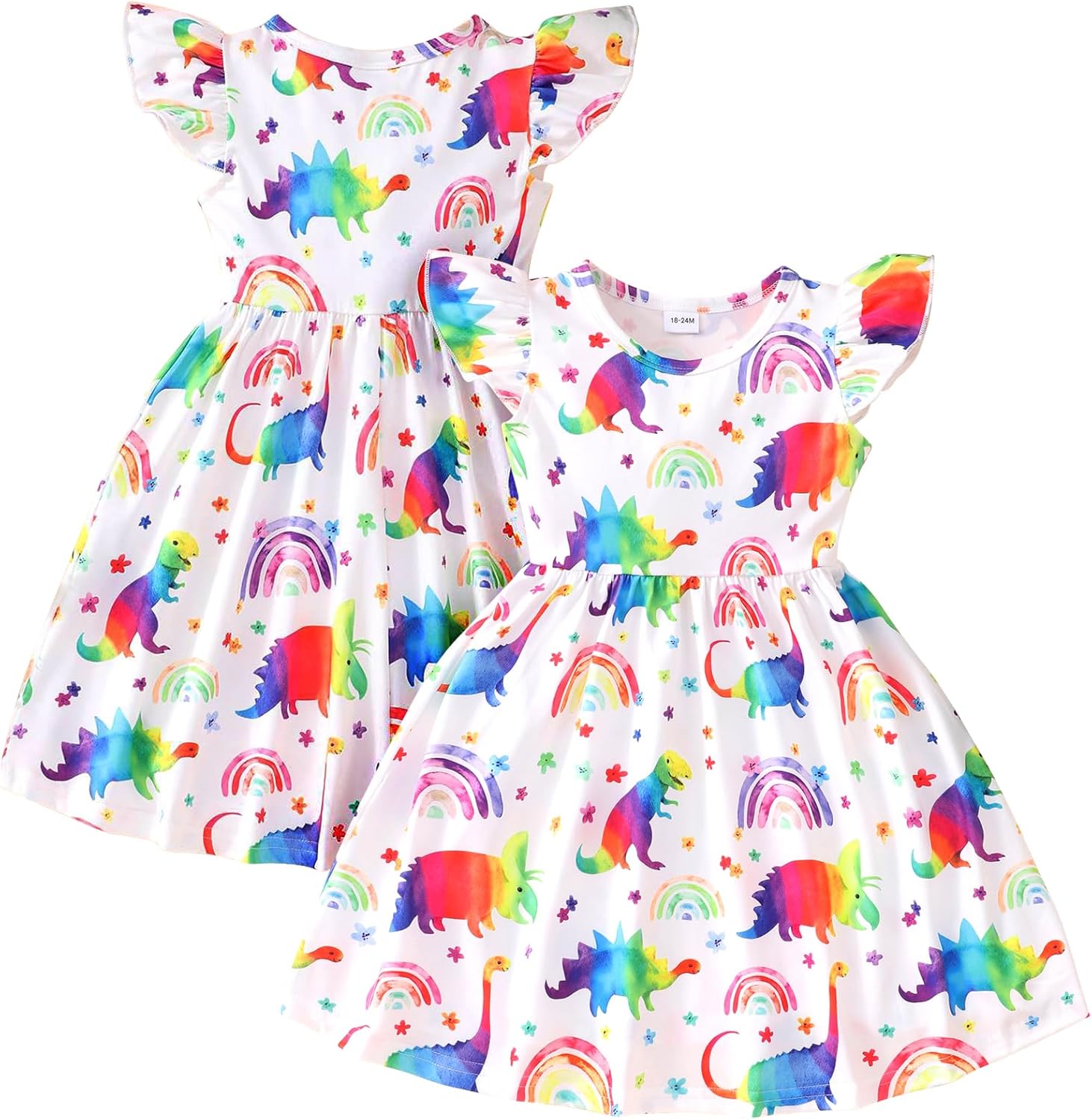 Toddler Little Girls Casual Dresses Short Sleeve Crew Neck Graphic Cartoon Dress for 2-8 Years 3-4T Dinosaur Rainbow 2 image 3 of 8 B0CZCFM3FM