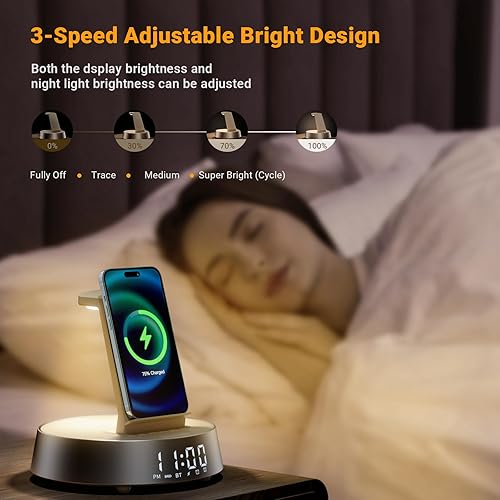 Miniatura 7 de Reloj despertador con estación de carga inalámbrica, reloj para dormitorio con luz nocturna regulable altavoz Bluetooth, estación de carga