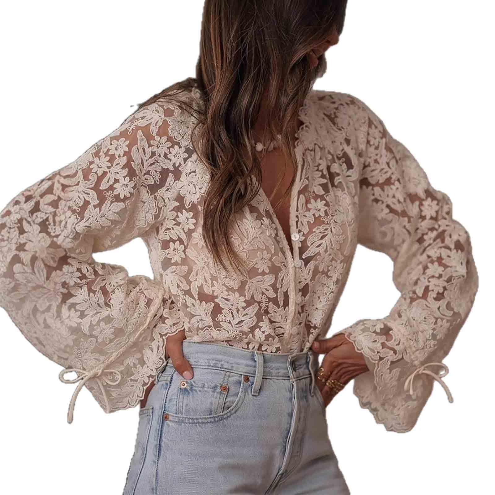Womens Sexy Hollow lace Shirt with Flower Pattern V-Neck Long Sleeved Cardigan top
