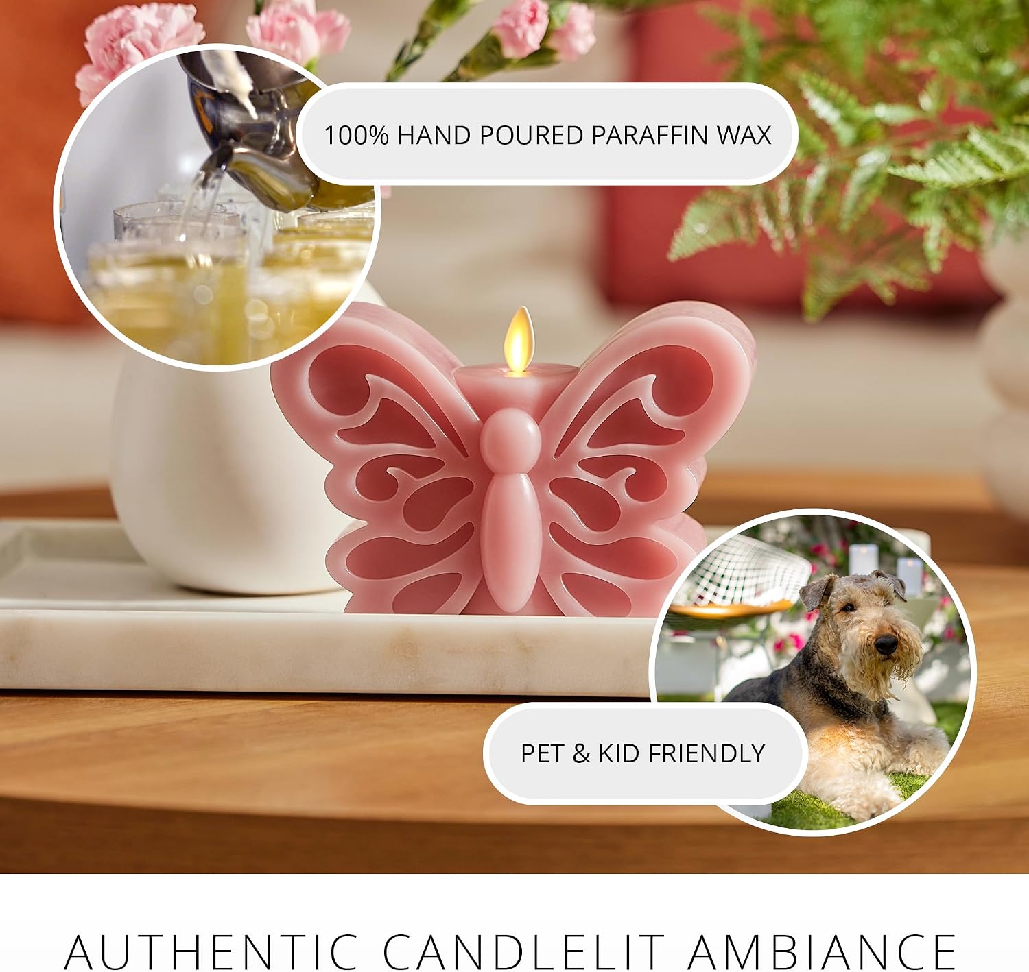 Luminara - Flameless Flickering Moving Flame Nature-Inspired Battery Operated LED Décor - Spring Summer Collection - Blooming Mauve Butterfly Garden Candle - 6.6” x 4.3”