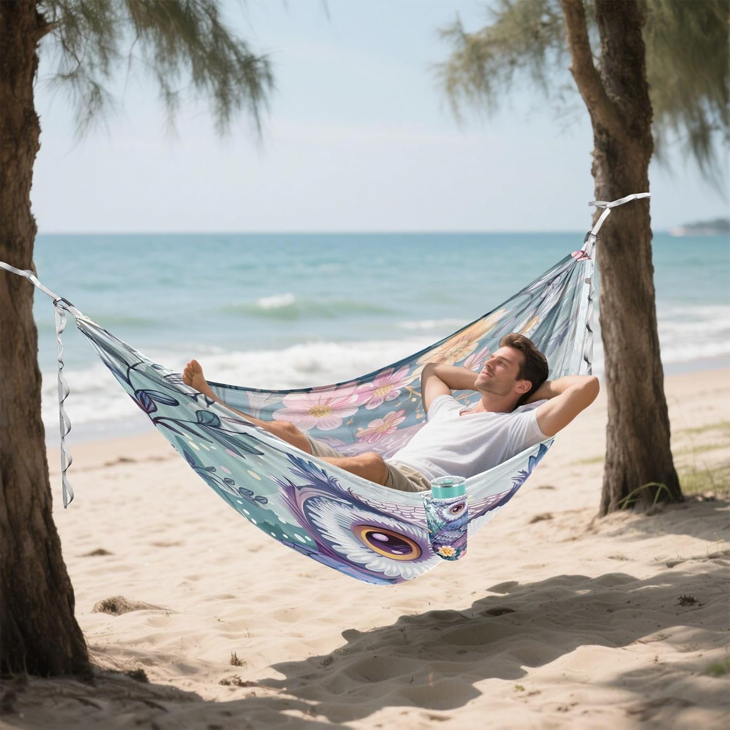 ALAZA Cute Owl Print Flowers Camping Hammocks Single or 2 Person 500 lbs Portable Parachute Travel Hammock w/Tree Straps for Hiking Backpacking Indoor Outdoor