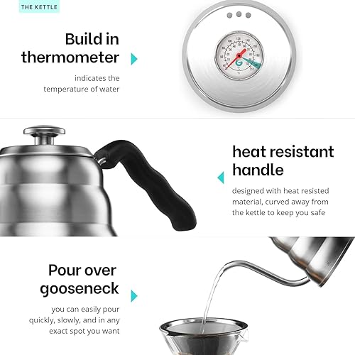 Miniatura 4 de MITBAK Juego de cafetera vertida, el kit incluye hervidor de cuello de cisne de 40 onzas con termómetro, molinillo de café y cafetera de goteo de