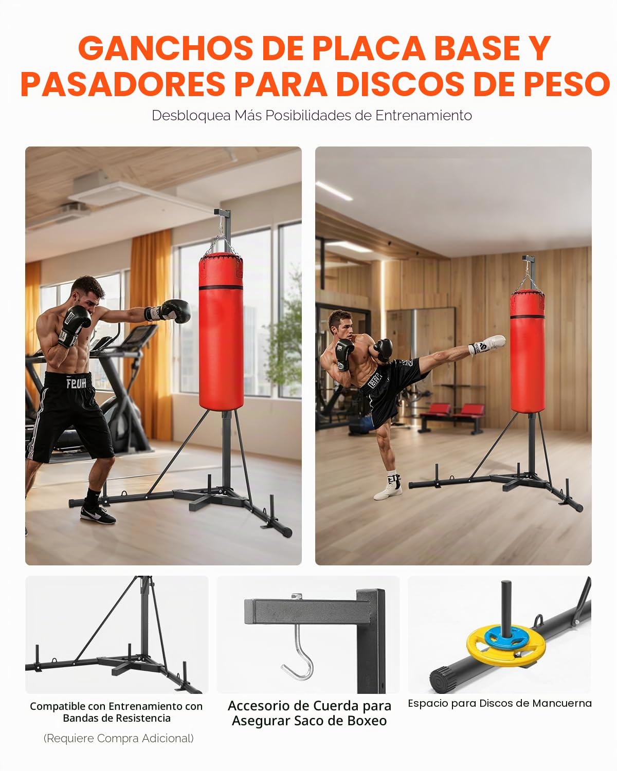 VEVOR Soporte para Saco de Boxeo con Marco de Acero Soporta hasta 65 kg Soporte a Saco de Arena Independiente con Base con Peso Equipo de Entrenamiento para Gimnasio en Casa, 118 x 118 x 232 cm