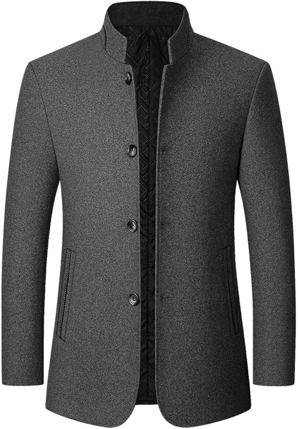 Lu's Chic Men's Slim Fit Wool Jacket Quilted Single Breasted Peacoat Winter Pocket Business Casual Band Collar Pea Coat