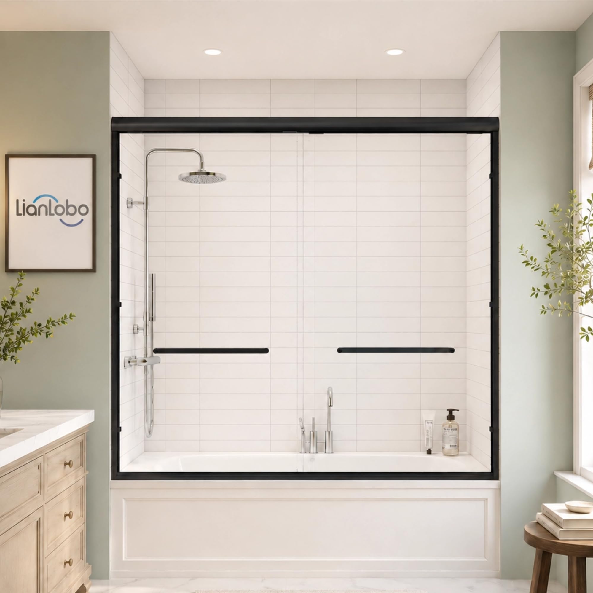 LianLobo Sliding Tub Shower Door Matte Black