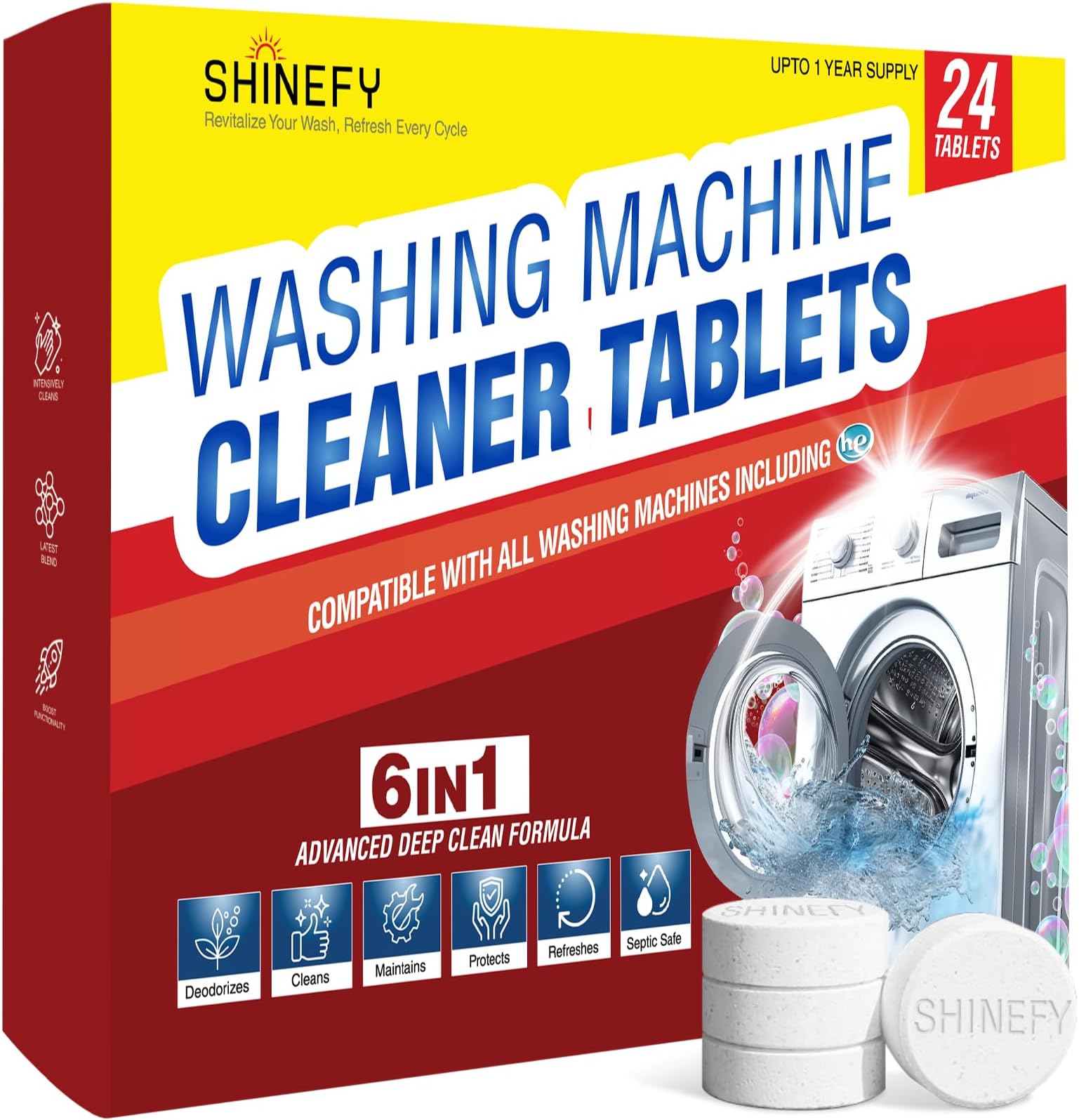 Washing Machine Cleaner Tablets - 24-Pack, 6-in-1 Formula for Top Loader, Front Loader & HE Washers - Deep Clean, Deodorizes & Protects - Safe for Septic Systems