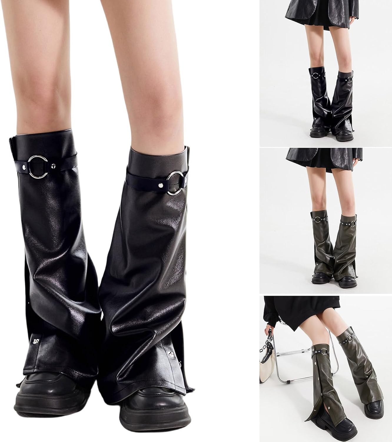 Leg Warmers, Women Motorcycle Punk Buckle Leather Leg Warmers Side Buttons Gaiters Footless Socks Wide Boot