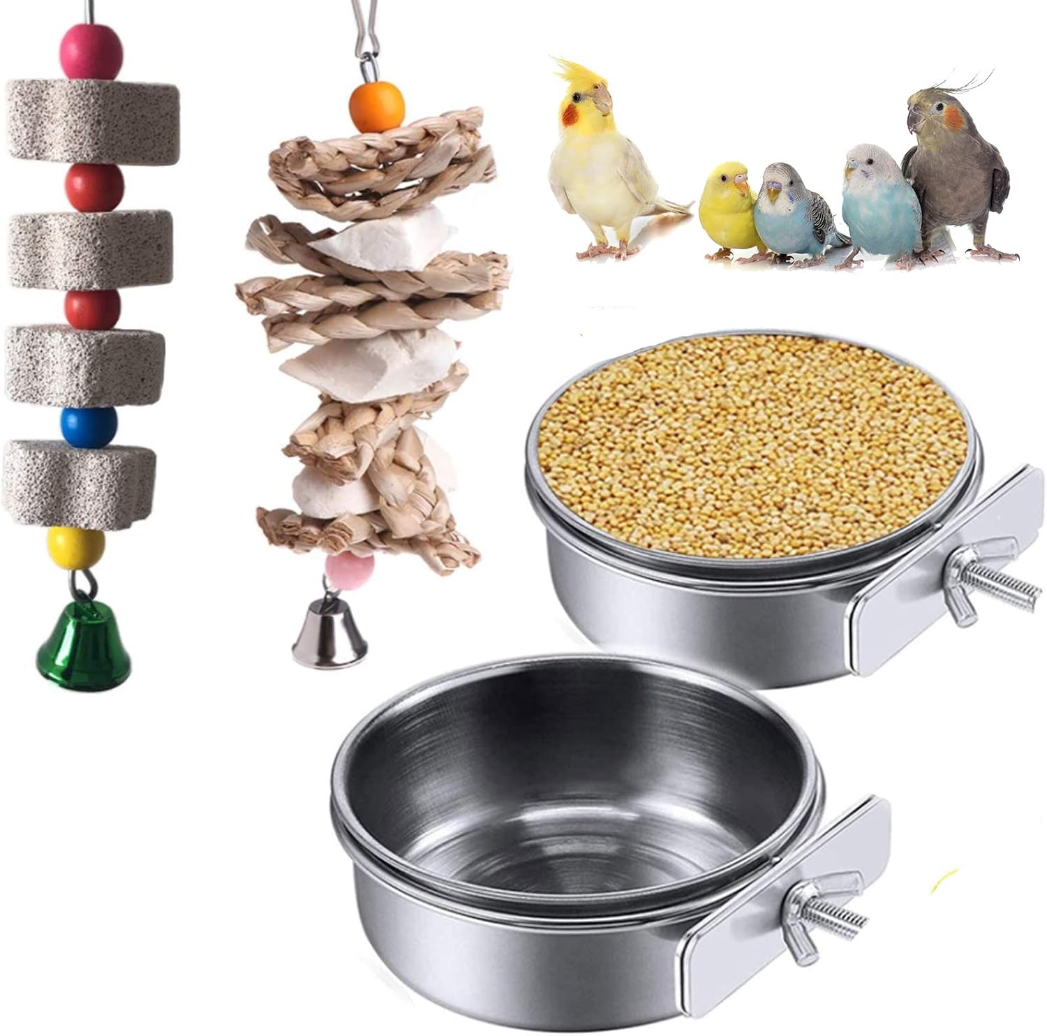 Hamiledyi Bird Feeding Dish Cups Parrot Feeders Water Cage Bowls Parrots Chewing Toys Birds Grinding Beak Calcium Stone Toy for Parakeet…