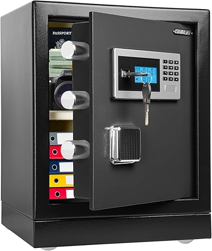 SLANDSAFE - Caja fuerte pesada de 50 libras, caja fuerte grande de acero para oficina de dinero, caja fuerte extraíble con ruedas y alarma