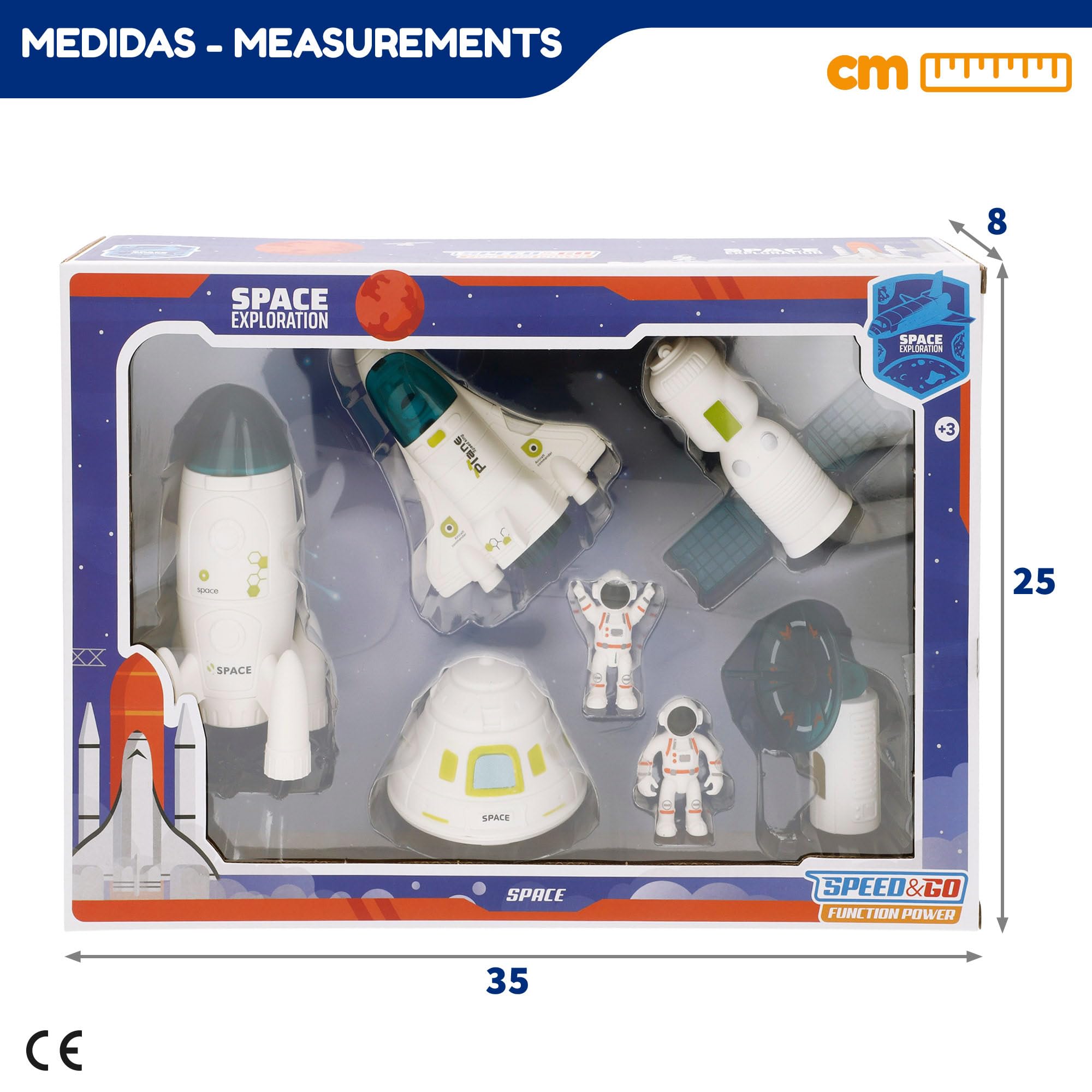 ColorBaby 47944 Speed & Go Set exploración Espacial, 7 Figuras, Astronauta, Cohete, Nave, Antena, Satélite, Juguetes y Juegos del Espacio para niños, Astronomía, Regalo niña 3 años Educativo