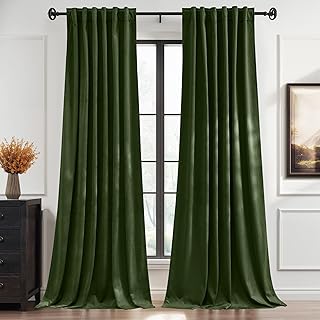 StangH Green Velvet Curtains 84 inches 2 Panels, Back Tab & Hook Belt Bl...