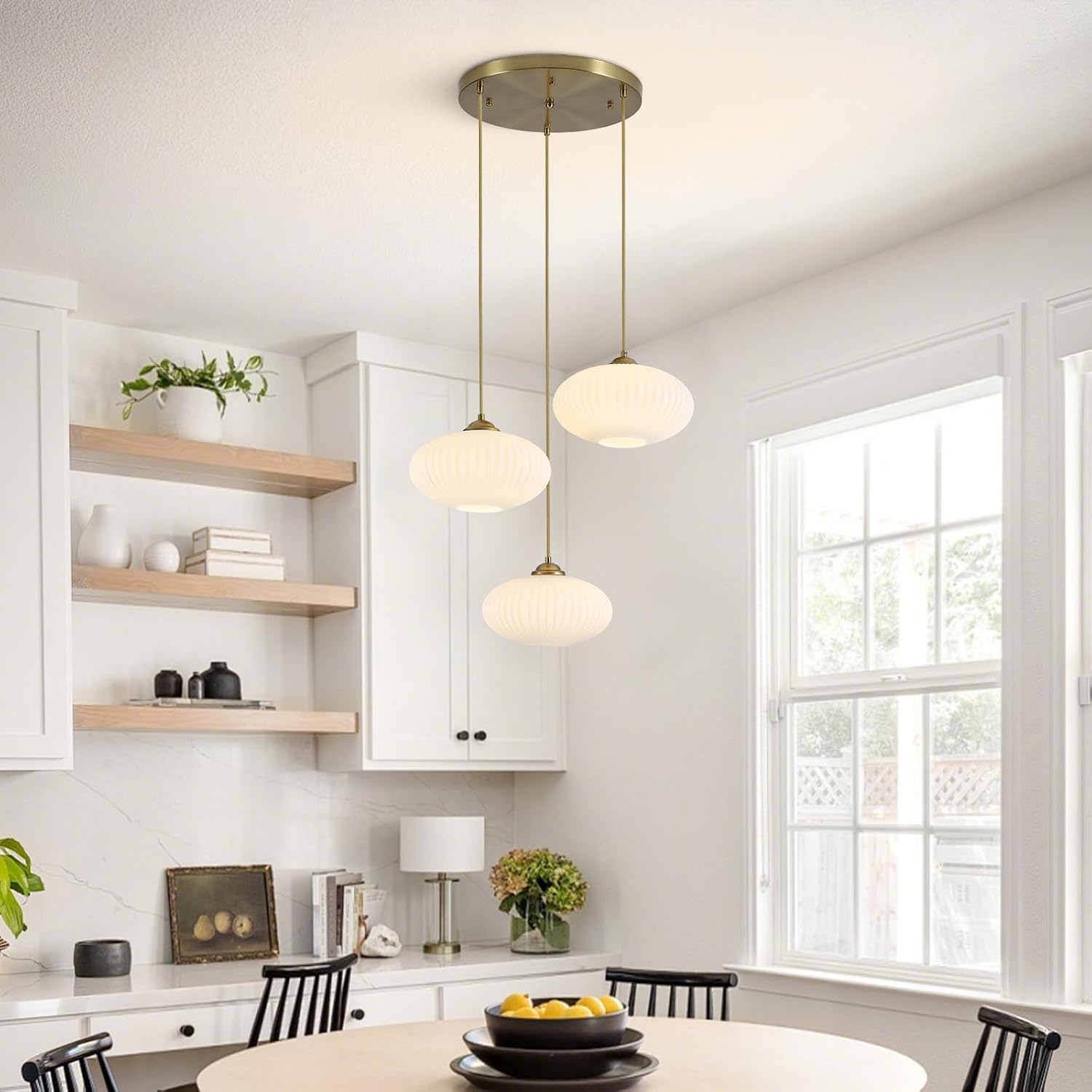BOKT Brushed Brass Globe Pendant Lighting Large 3-Light Milk Glass Chandelier Gold Adjustable Hanging Cord Cluster Pendant Lighting Mid Century Vintage Ribbed Ceiling Hanging Light for Living Room