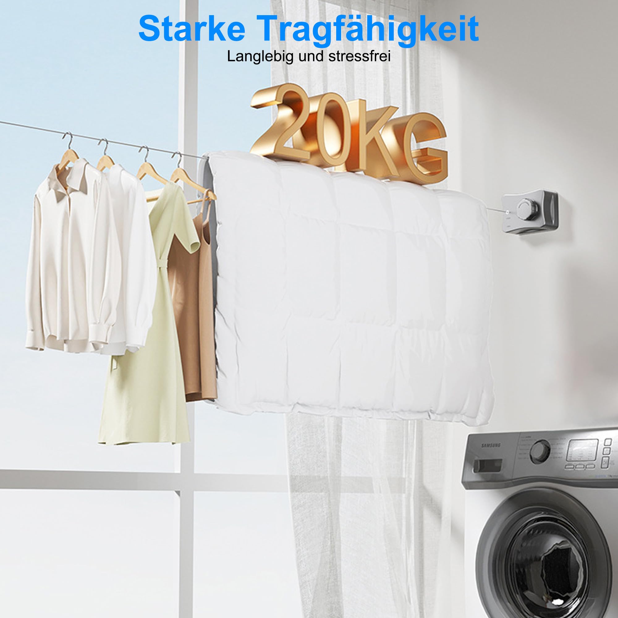 Ausziehbare Wäscheleine – Edelstahlkabel, Mit Spannschlüsseln, Für Innen & Außen