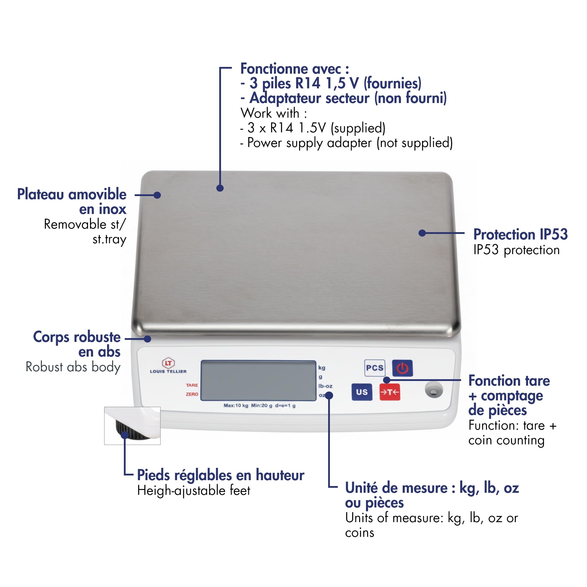 LOUIS TELLIER - Balance Électronique Professionnelle - IP53 - Alimentaire - Cuisine - Boulangerie - Charcuterie - Multifonction - Plateau Inox Amovible - 22 x 16,5 cm - 10 kg - Précision 1 g