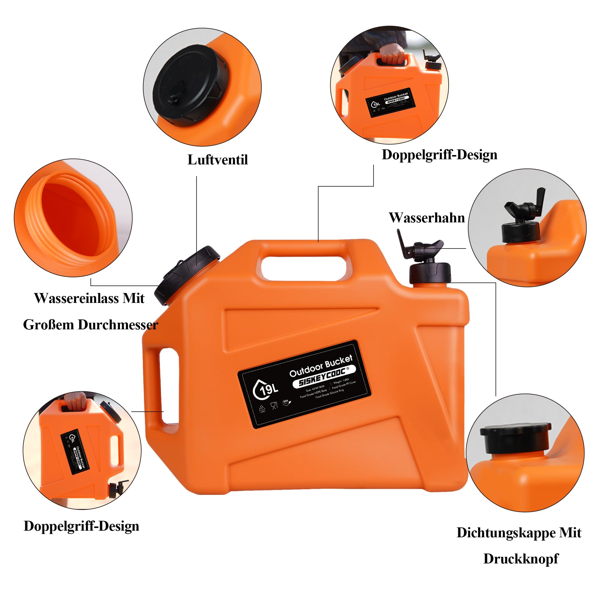 Bidon d'eau portable de 19 l avec robinet - Réservoir d'eau sans BPA - Orange - Multifonction - Pour camping, extérieur, transport d'urgence - Orange - 19 l