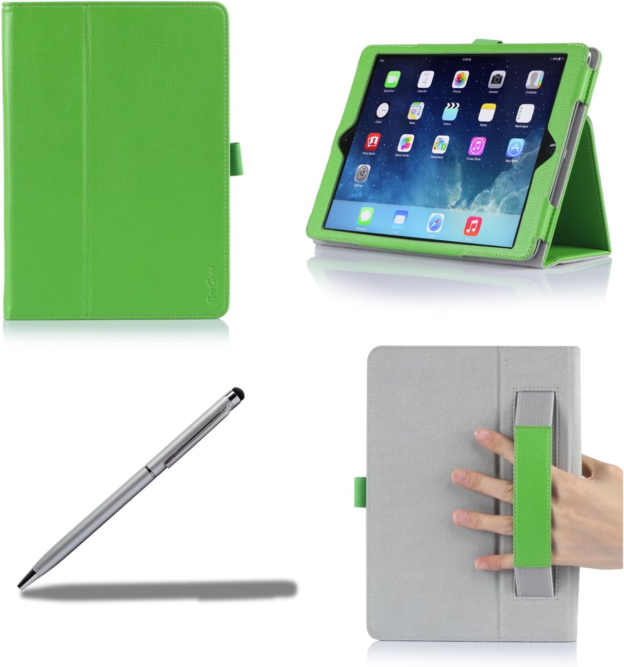 ProCase Apple iPad Air Case with Bonus Stylus Pen - Flip Stand Leather Folio Cover for Apple iPad Air, iPad 5, iPad 5th Generation, auto Sleep/Wake Built-in Stand (Green)