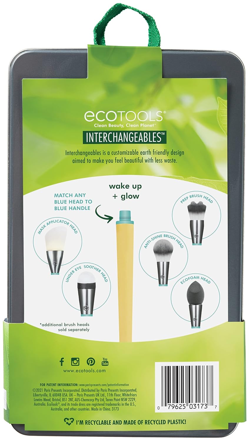 EcoTools Wake Up + Glow Interchangeables Makeup Brush Set with Case, With Beauty Blender Makeup Sponge, Silicone Applicator Face Mask Brush, Eye Roller Depuffer (Set of 6) : Beauty & Personal Care