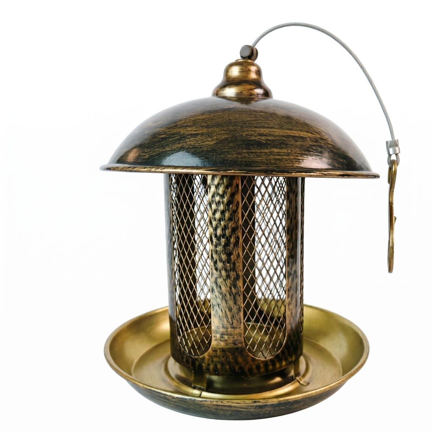 Gold-Toned Hanging Metal Bird Feeder Dark Bronze Dome Top Bird Feeder Hook Hanger Garden Accessory Round Base Tray, Mesh Bird Feeder-image-12
