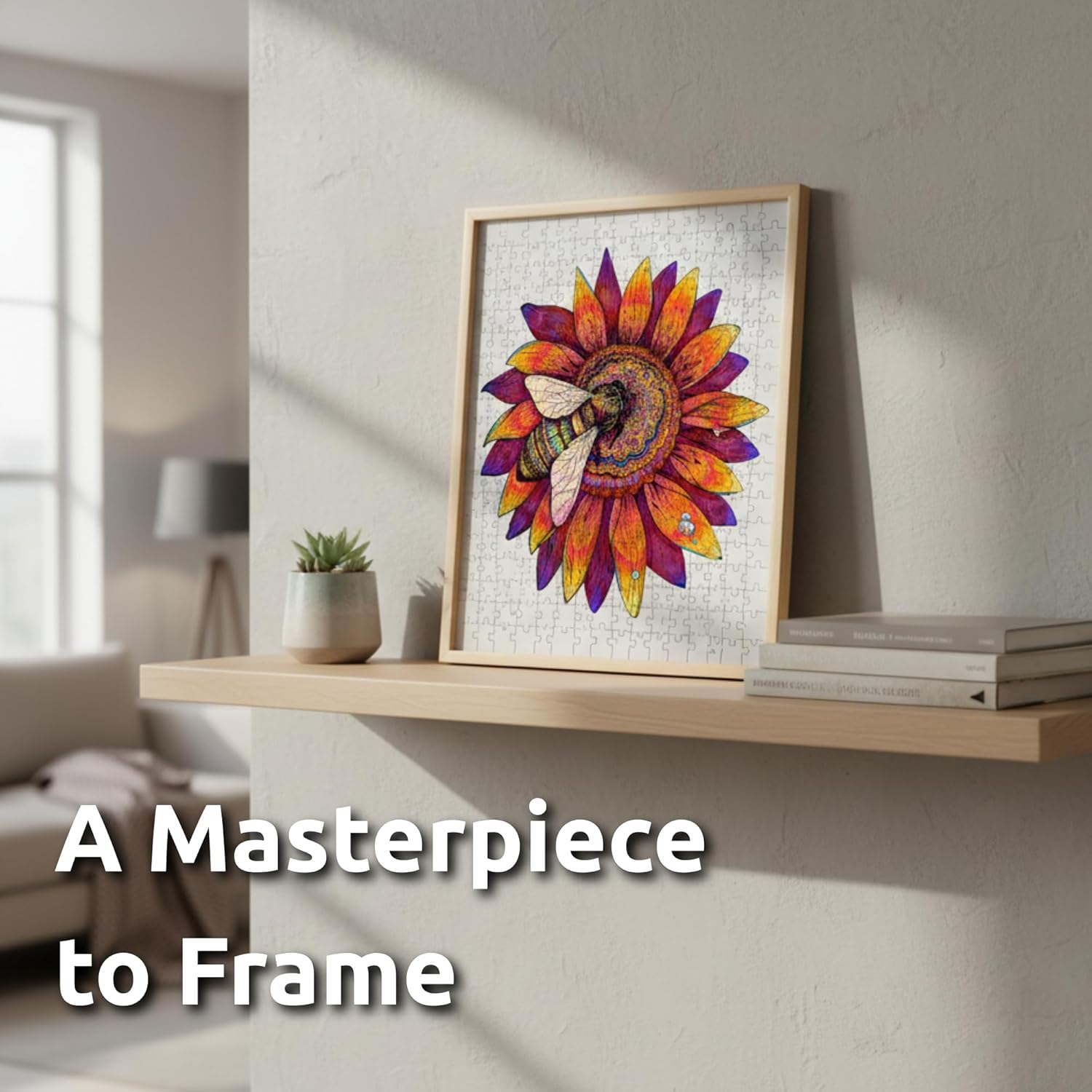 Bee on Sunflower Wooden Jigsaw Puzzle for Adults, 12x12 Inch Eco-Friendly Plywood Puzzle with Unique Whimsy Pieces, Brain Boosting Nature Game, Frameable Wall Art in Premium Gift Box