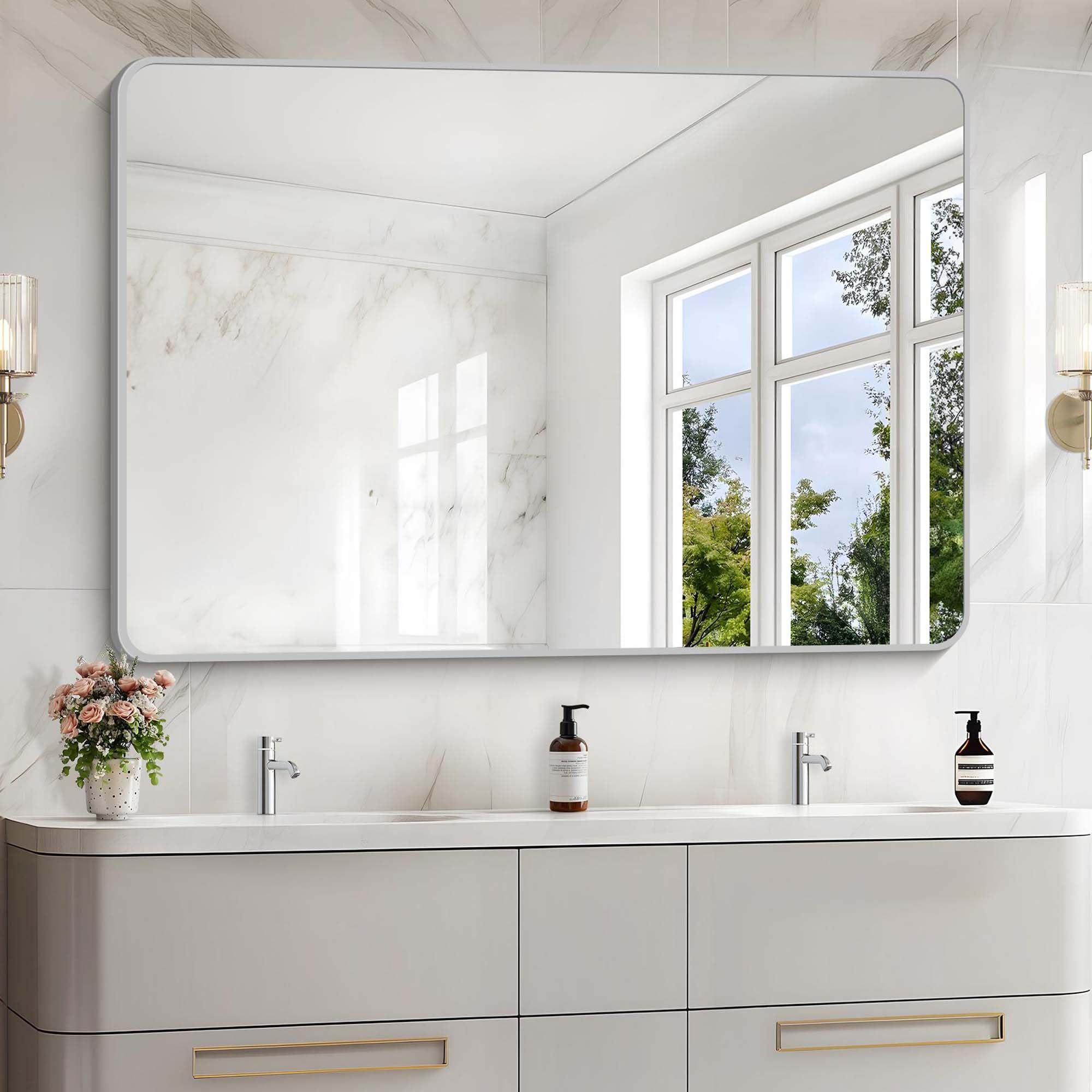 55x36 Inch Silver Bathroom Mirror, Large Rectangular Vanity Mirror, Metal Framed Rectangle Mirror, Rounded Corner Wall Mounted Mirrors for Living Room Bedroom Entryway Horizontal or Vertical