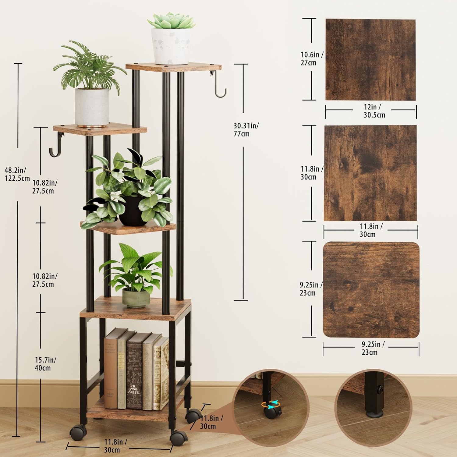 Oroonoko 2 Packs Plant Stand Indoor,5-Tiered Tall Plant Shelf with Wood Board,Multiple Pot Holder with bookshelf Ideal for Living Room,Garden,Patio(2 Packs)