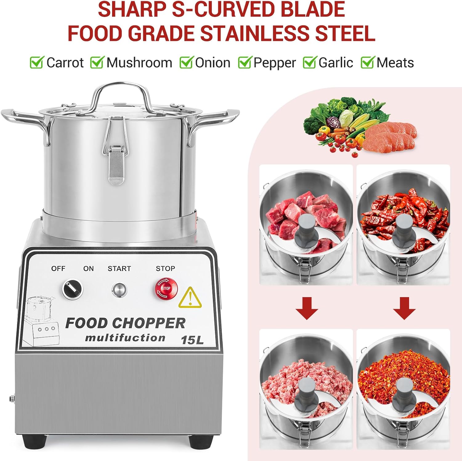 16 QT Commercial Electric Food Processor,1400W Stainless Steel Food&Vegetable Processors, Multi-Functional Chopper Meat Grinder Machine with Blade, Gloves, Brush, for Commercial Kitchens Restaurants
