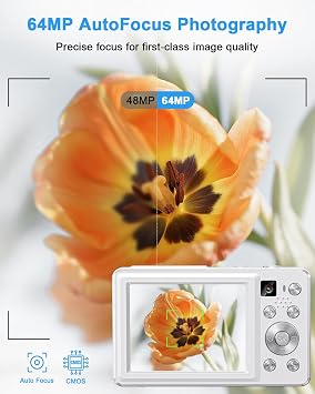 Digital Camera, 4K 64MP Cameras for Photography, Point and Shoot Digital Camera with Auto Focus, Dual Camera, Flash, 16X Zoom, Anti Shake, 32GB Card, Compact Vlogging Camera for Teens, Adults