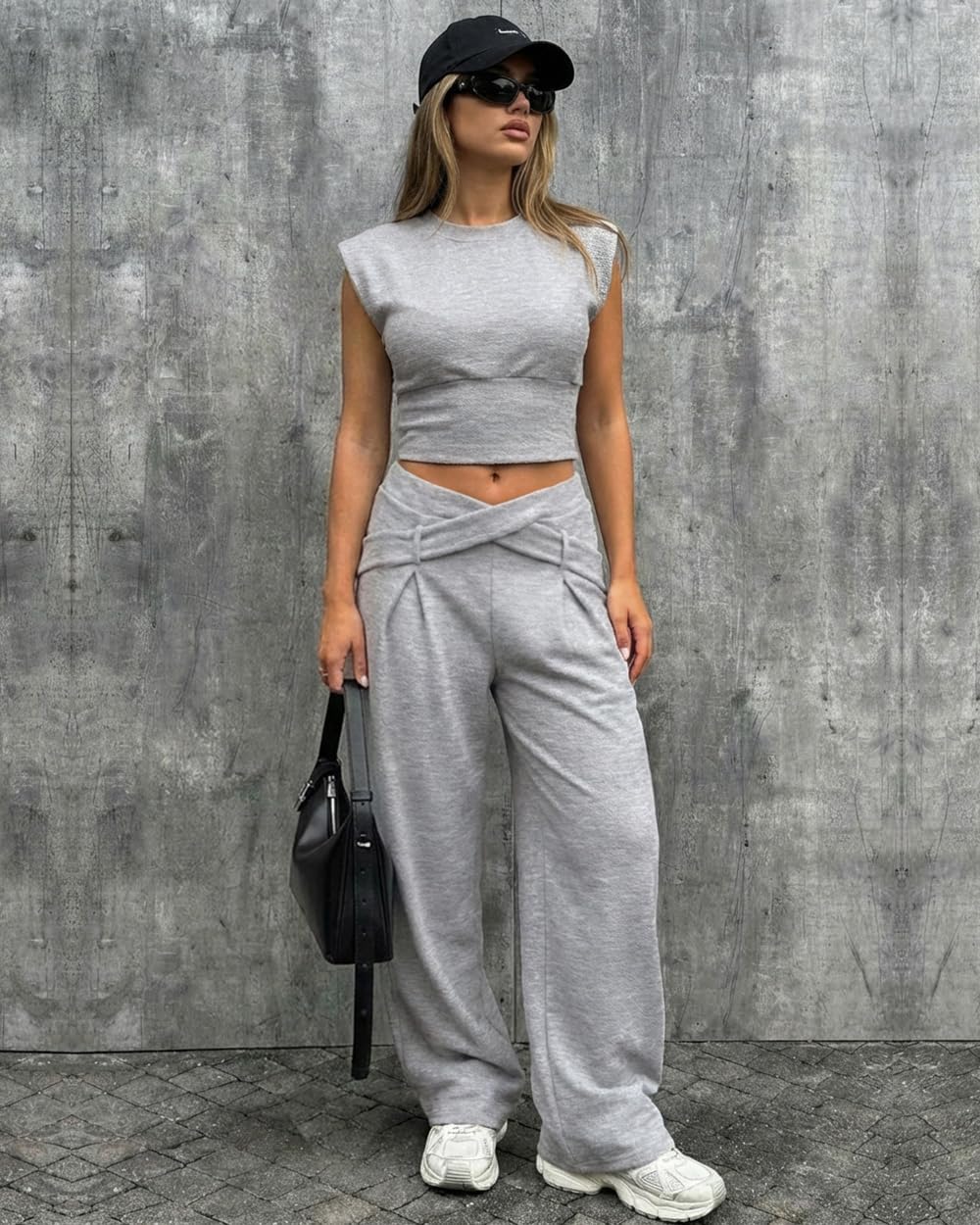 CHICME Women's 2 Piece Lounge Sets Sleeveless Crewneck Crop Top and Criss Cross Wide Leg Pants Matching Outfits - Image 6