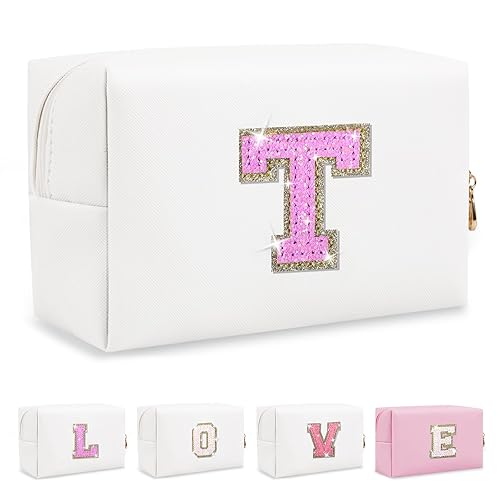 Miniatura 407 de Bolsa de maquillaje personalizada con inicial A-Z Preppy Patch, pequeña bolsa de cosméticos de PU con letra de chenilla y cierre para niñas Negro