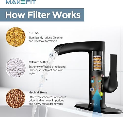 Miniatura 3 de MakeFit Grifos de baño en cascada con filtro, grifo de lavabo de baño filtrado 2024, grifo negro para fregadero de 1 agujero y 3 agujeros, juego de