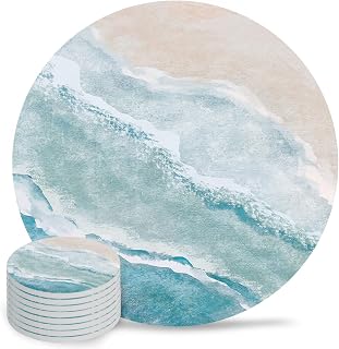 Coasters for Drinks, 8 Pack Absorbent Ceramic Stone Coaster Set with Cork Base Blue Sea Beach SandMugs and Cups Mat,Gradient Wave Ocean Style Tabletop Protection for Kitchen Office