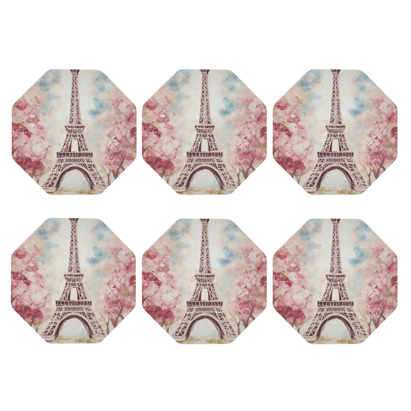 6pcs Leather Coasters for Drinks, Beautiful Eiffel Tower Paris Drink Coasters for Tabletop Protection, 4" Cup Coasters for Coffee Table Decor, Non-Slip Drinking Cup Mat for Hot Or Cold Drink