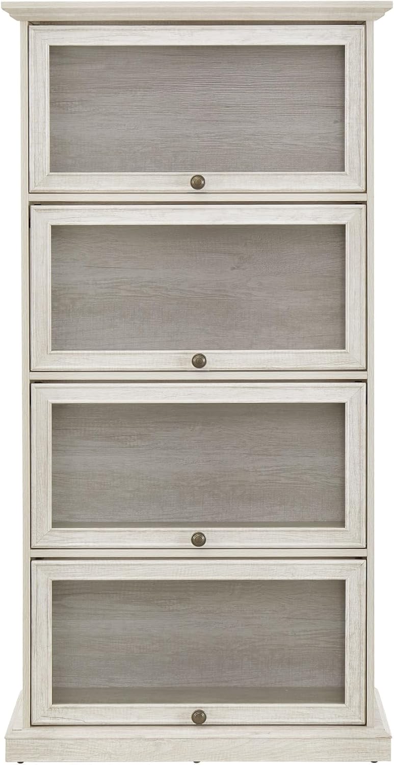 Tall Bookcase with Glass Doors, 63" H Farmhouse Glass Curio Display Cabinet with Flip up Doors, Elegant Storage Cabinet with 4-Tier Shelves, Rack for Living Room (White)