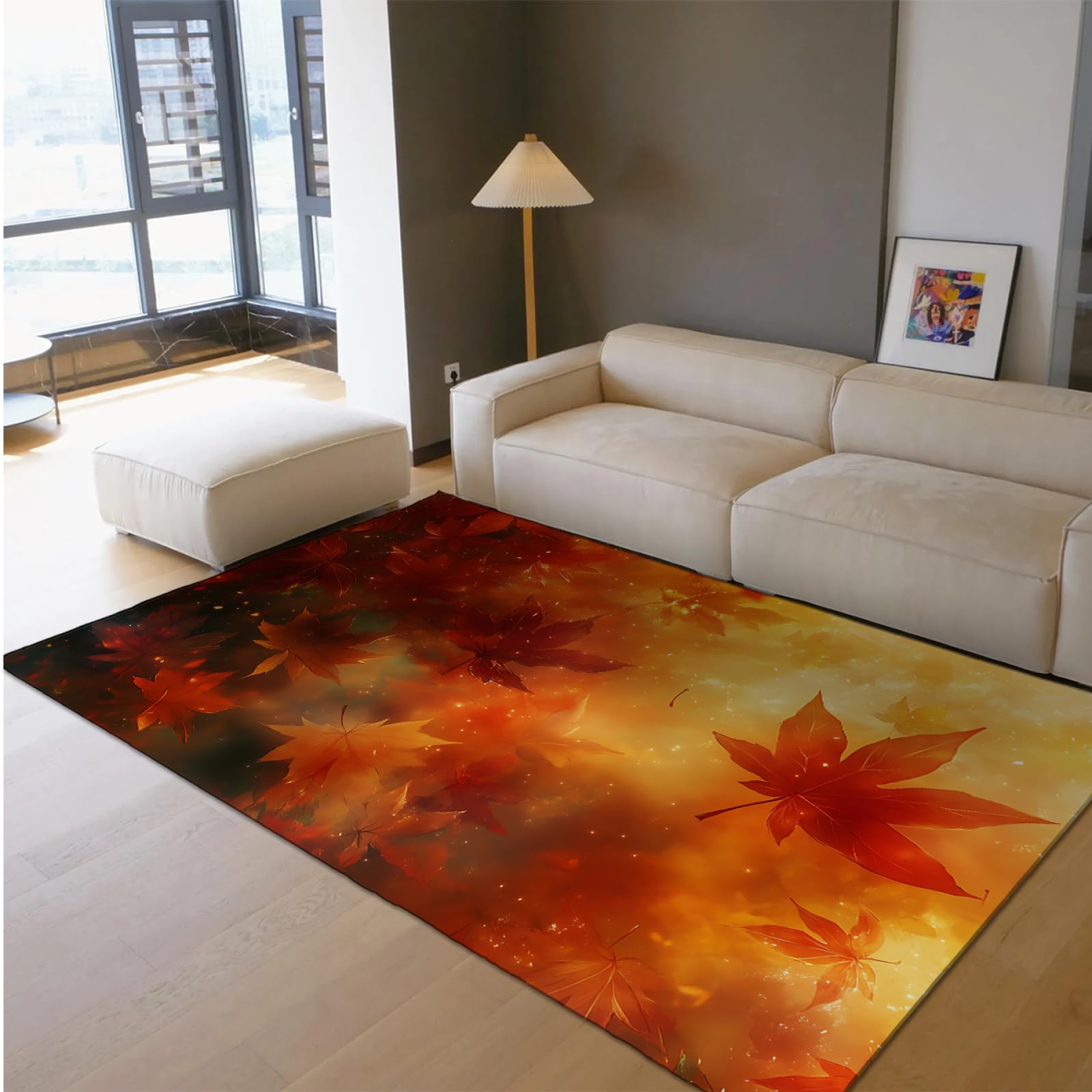 Vivid Maple Leaves Teppich mit Herbstfarbpalette Waschbar Kein Verschütten Großer Teppich im nordischen Stil für Wohnzimmer oder Kaminambiente 160 x 230cm