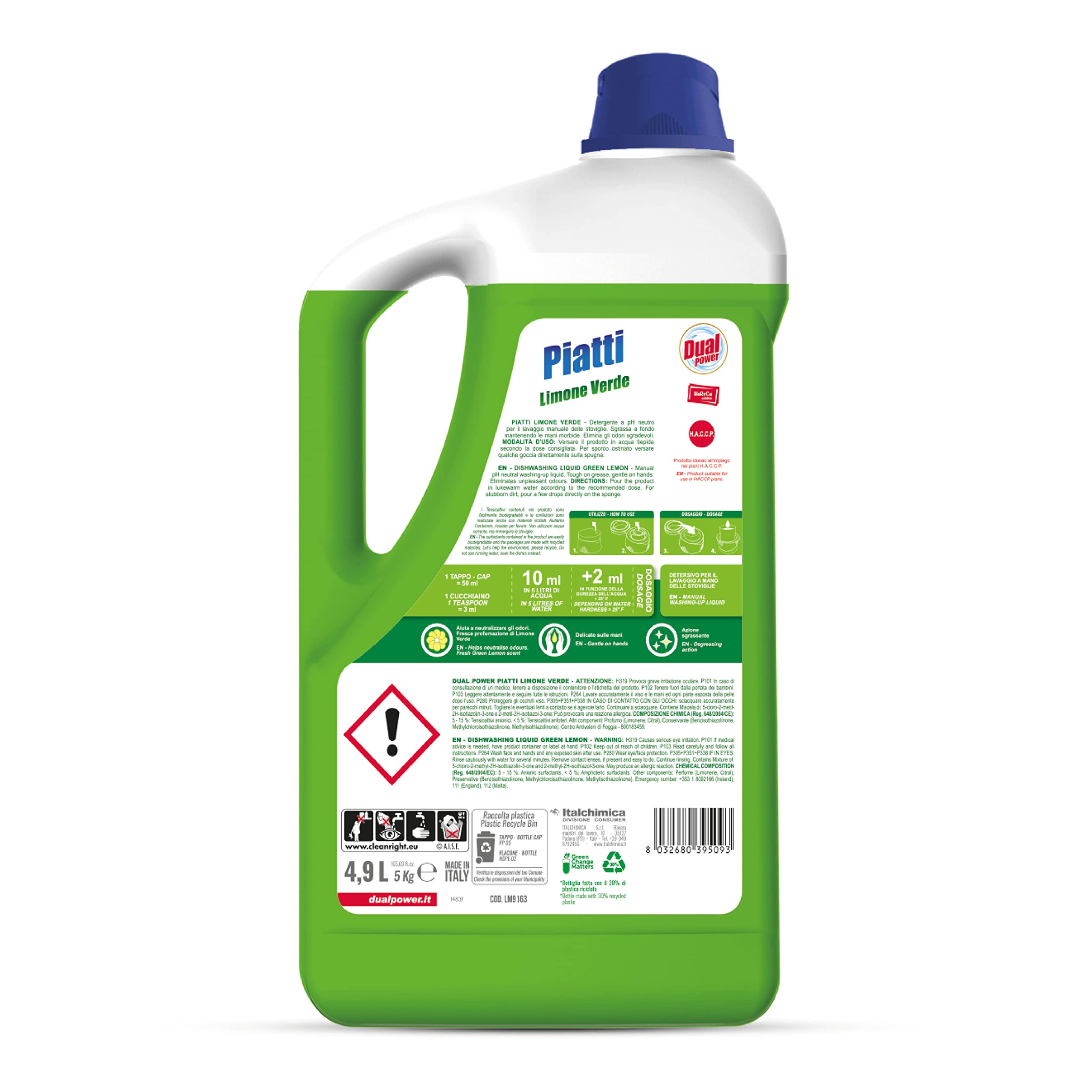 Dual Power Detergente HACCP per Lavaggio Manuale dei Piatti - Sgrassa a fondo, Fomato Professionale da 4,9 Litri - Limone Verde