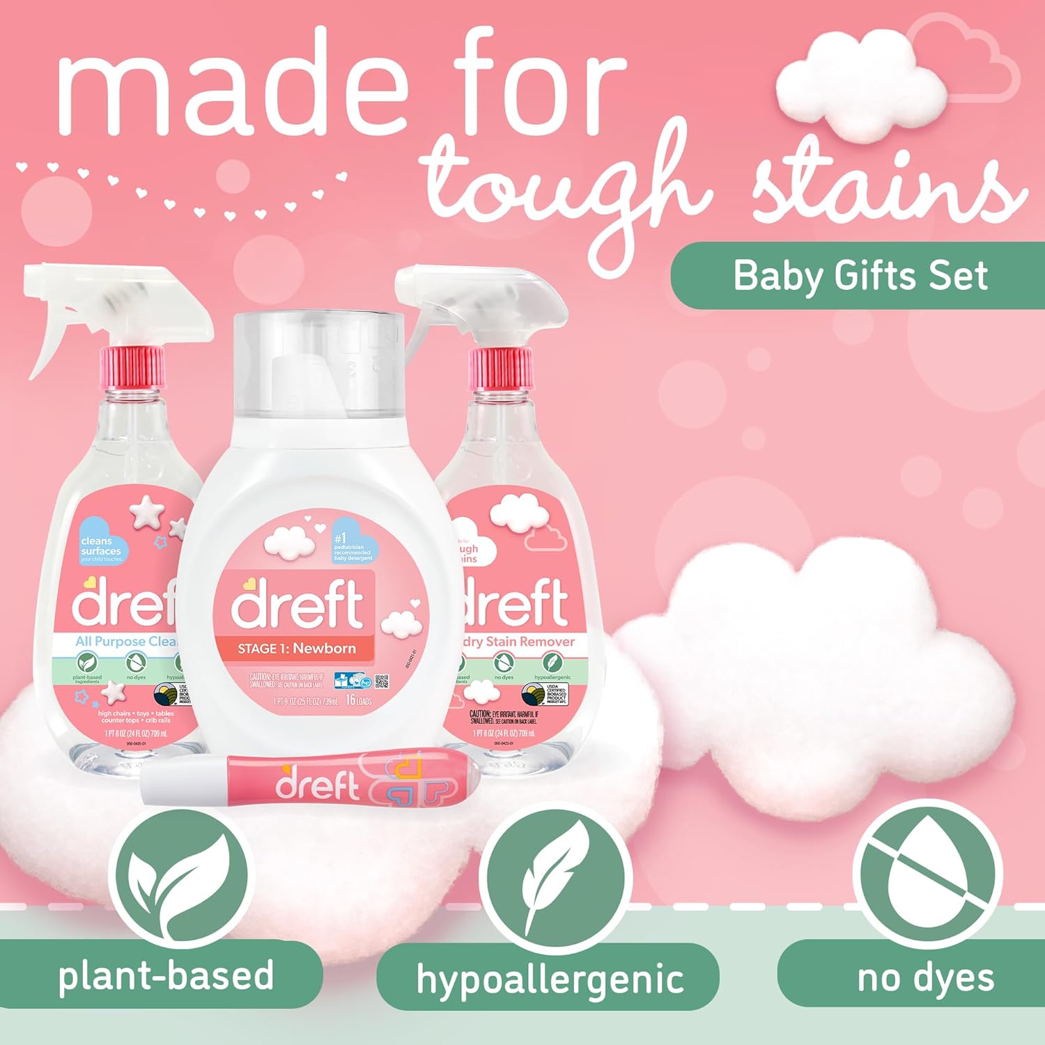Baby Gifts Set by Dreft, Baby and Mom Gift Set with Liquid Laundry Detergent, Laundry Stain Remover, Stain Remover Pen & All Purpose Cleaner Spray, Great for Baby Showers
