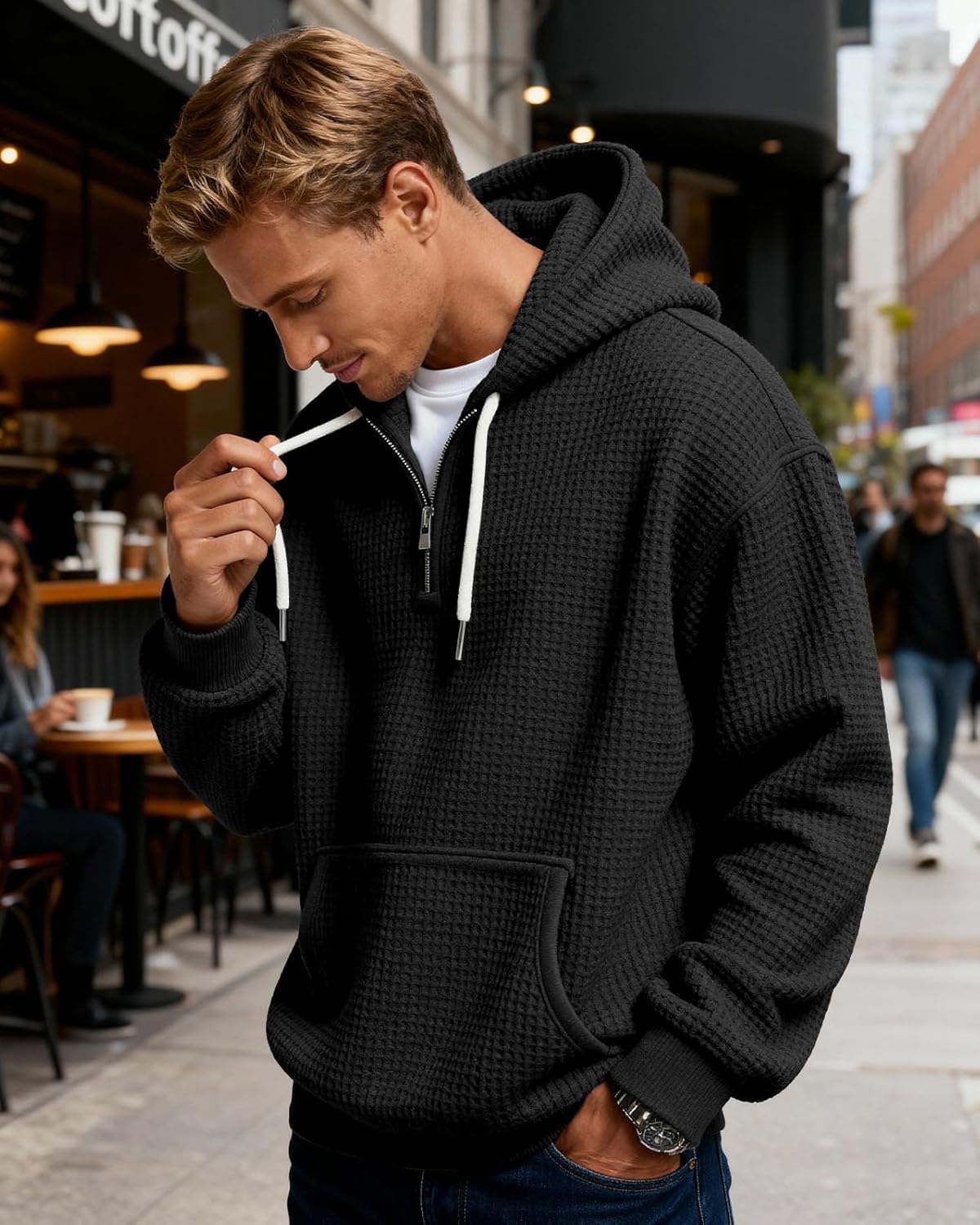 PIDOGYM Men's Quarter Zip Hoodie Waffle Knit Pullover Long Sleeve Casual Loose Fit Sweatshirt Hooded Tops with Pockets - Image 7