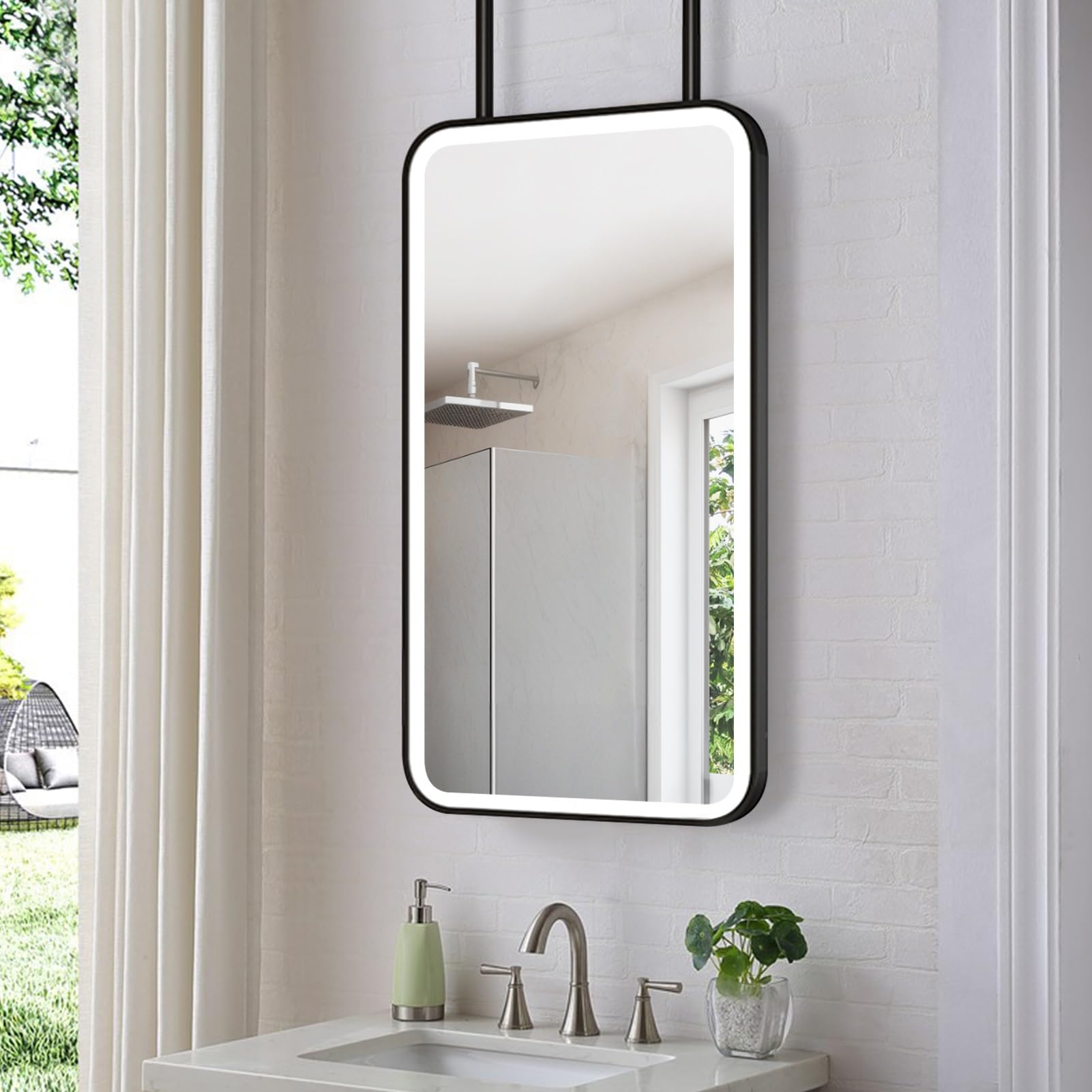 ITOSUI Wall Mounted Mirror with LED, Large Rectangular HD Mirrors with Metal Frame and Ceiling Double Booms 40x60cm 50x70cm Floating Mirrors for Bathroom Living Room, Black(40cmx60cm)