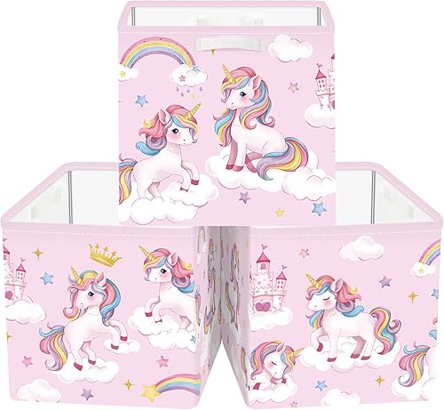 Miniatura 8 de Clastyle Juego de cestas de almacenamiento plegables de unicornio rosa para niños, organizador de ropa, cuarto de bebé, juguetes para niñas, estante