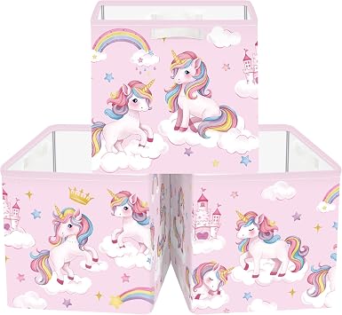 11.8" Unicorn Rainbow Cube Storage Organizer Set 3Pcs Cloud Star Cube Storage Bin for Bathroom/Bedroom Parents Book Chest, Crown