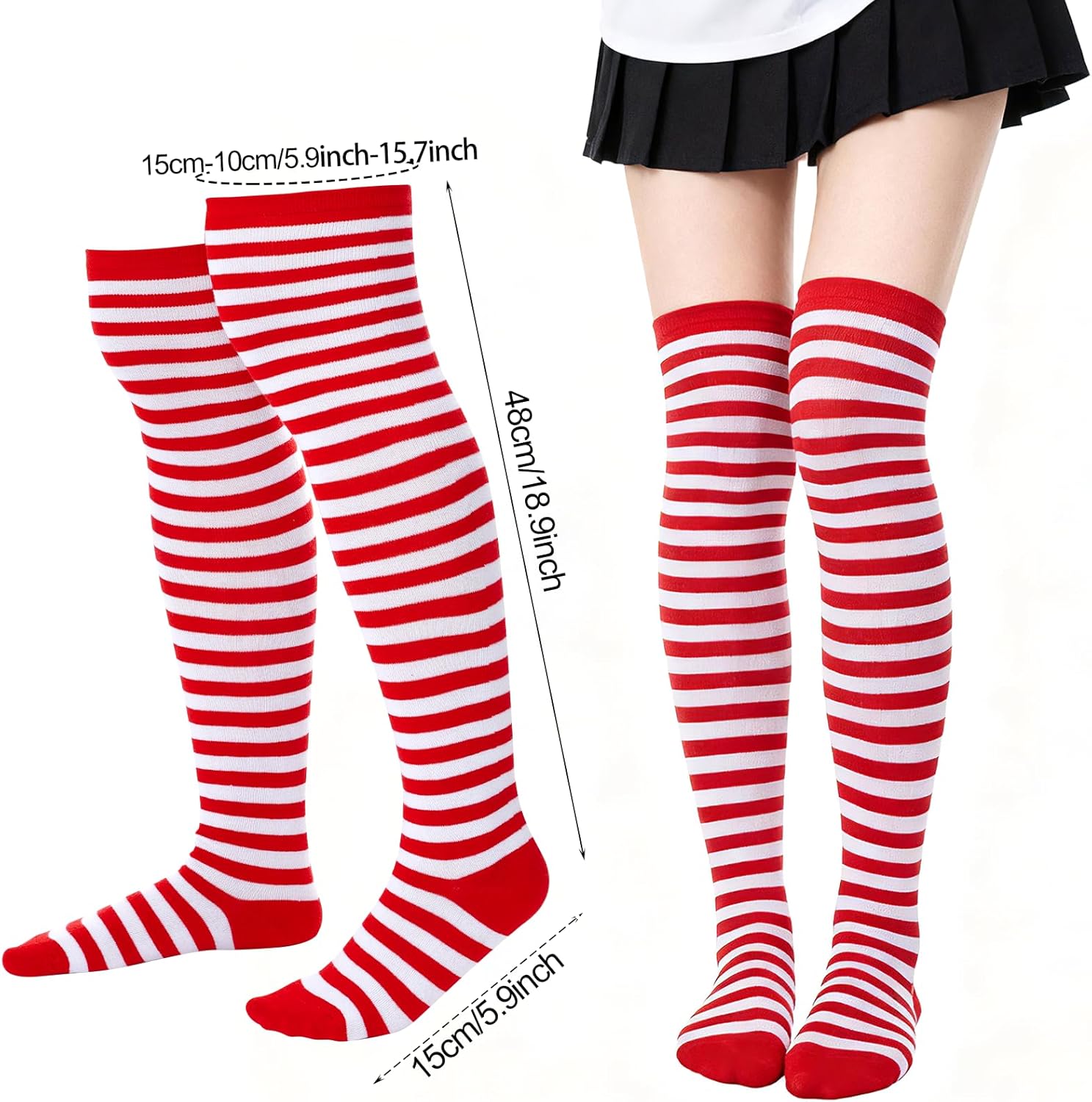 Sucrain Red and White Christmas Striped Knee High Socks Long Tube Long Clown Socks Thigh High Stockings for Women Halloween Christmas Cosplay - Image 2