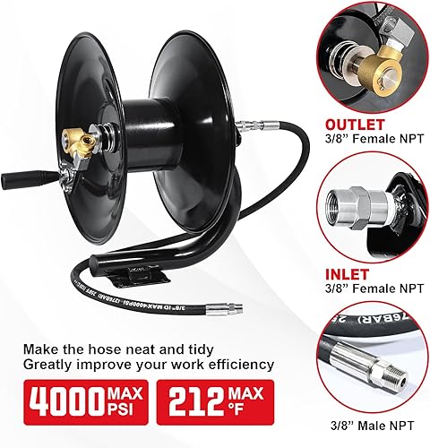 Miniatura 2 de YAMATIC Carrete de manguera para lavadora a presión de 100 pies con manguera de puente de 3 pies, carrete de manguera de acero resistente con