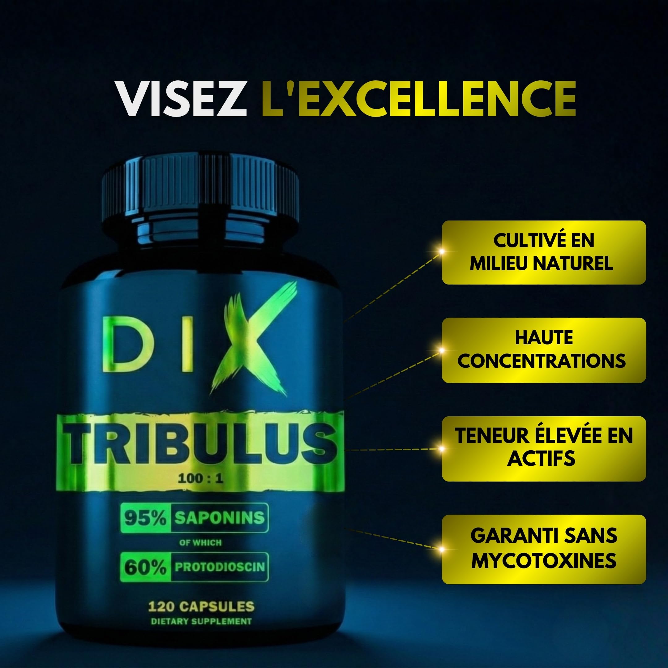 TRIBULUS TERRESTRIS ✗ Haute concentration 100:1 ✗ Performance sportive ✗ 95% Sapionins ✗ 60% Protodioscin ✗ Testé certifié ✗ Sans Mycotoxine ✗ Haute teneur en actifs ✗ Société Française ✗