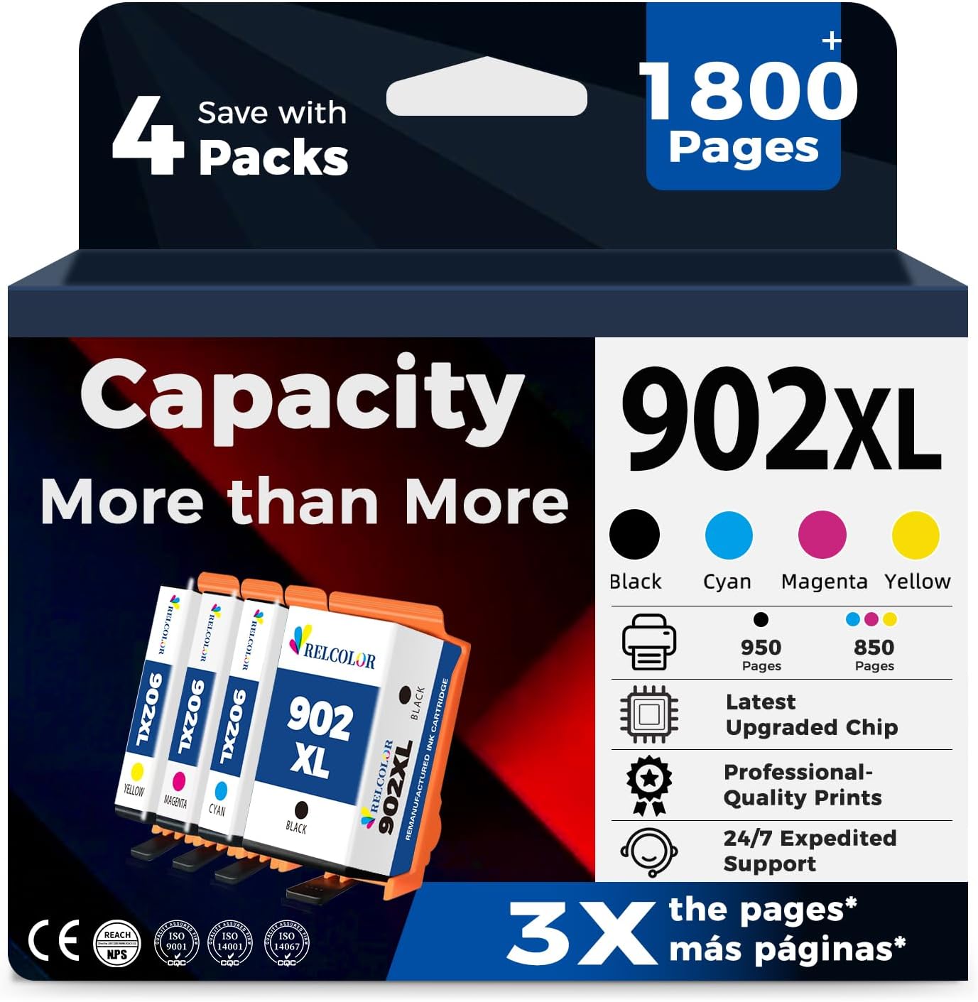 902XL Ink Cartridge Combo Pack for HP 6978 6968 Printer for HP 902 XL Black Color Compatible for HP902 HP902XL OfficeJet 6958 6970 6960 6975 6962 6950 6954 6951 6956 6961 6963 6964 Cyan Magenta Yellow