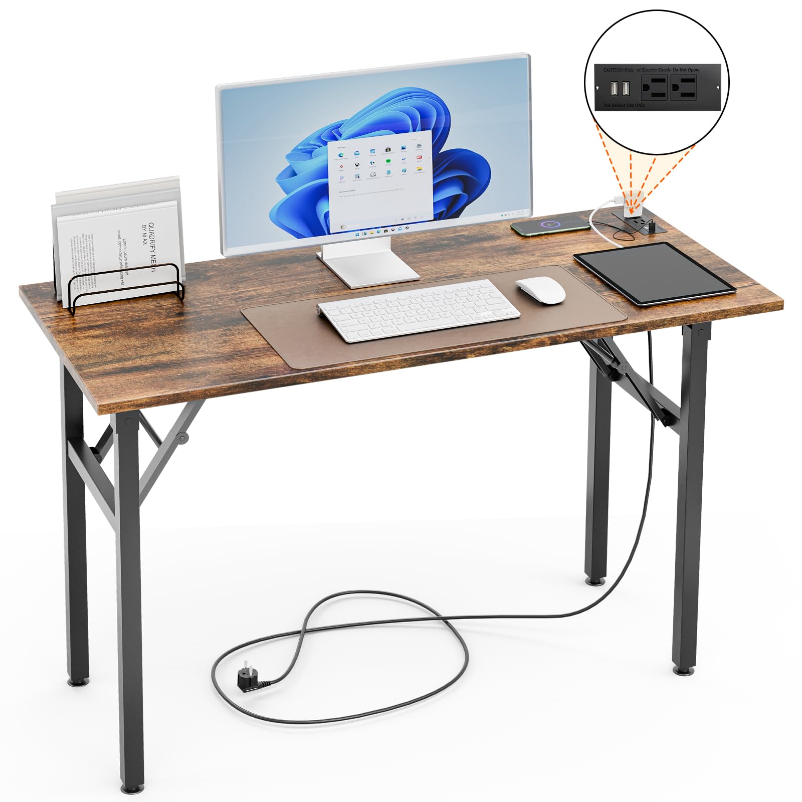TEMI Folding Desk with USB & Socket 31.5", Computer Desk with Outlet for Home Office, Folding Table for Bedroom, Office Desk for Small Space, Small Desk with Black Frame, Rustic Brown
