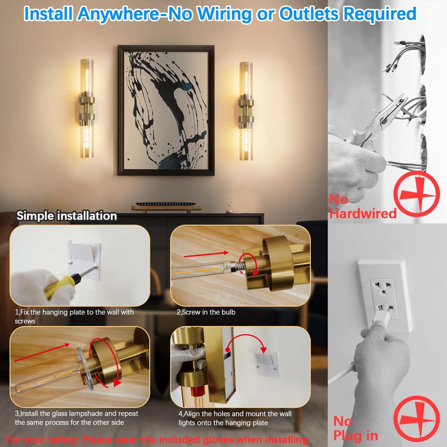 Rechargeable Wall Sconces Set of Two with Remote, Gold Battery Operated Wall Sconce with Amber Glass, Sconces Wall Decor Set of 2 Wall Light Fixtures for Bedroom Bathroom Mirror Living Room