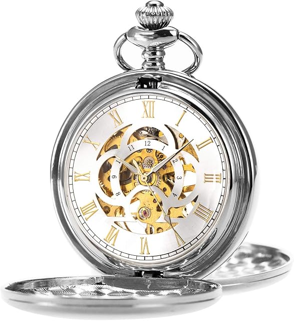 ManChDa Mens Pocket Watch Classic Mechanical Hand-Wind Pocket Watch Steampunk Roman Numerals Fob Watch for Men Women with Chain + Gift Box