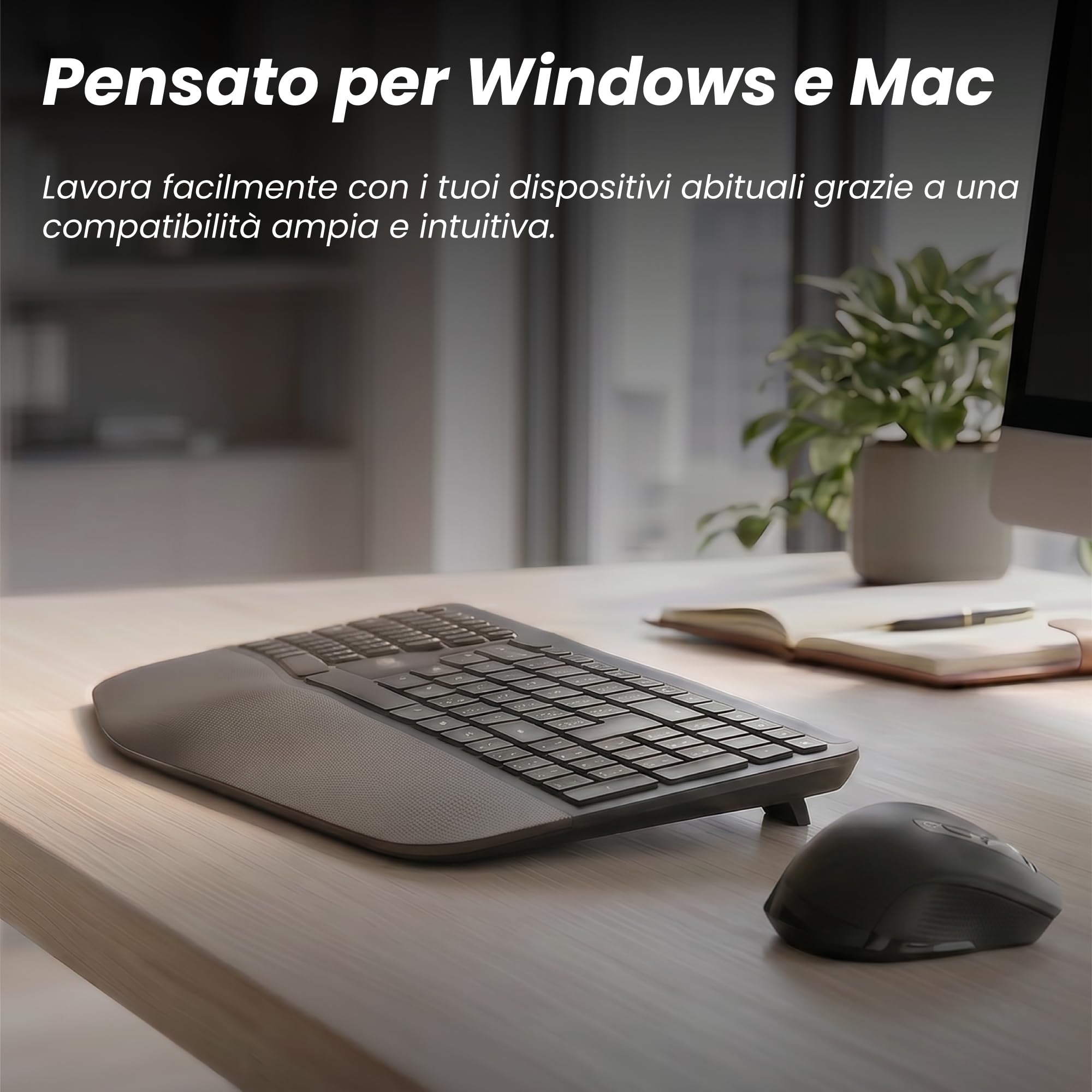 T'nB Ergo Key Pro - Tastiera ergonomica senza fili, doppia connessione | Bluetooth e 2,4 GHz, Poggiapolsi in finta pelle, AZERTY francese, Windows e macOS, nero