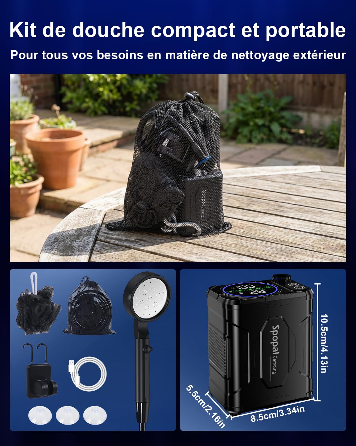 Douche de Camping,[13000mAh & IPX8]Spopal Douche Portable Camping,Écran LED,Longue Durée,5 Réglages de Vitesse,Type-C,pour Animaux,Camping,Voyages,Gift
